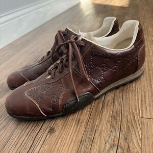 Gucci Men's Brown Leather Monogram Sneakers Size 8.5